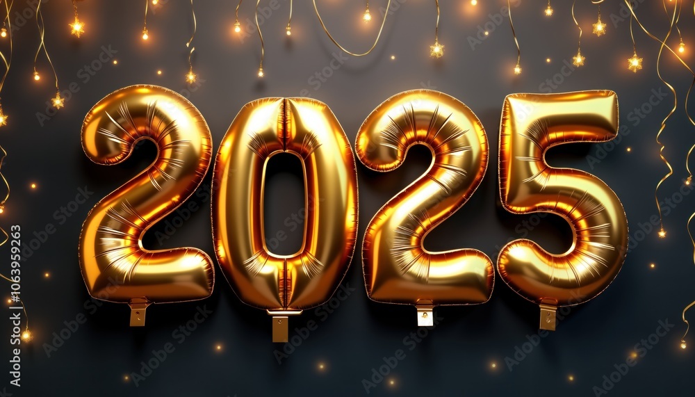 Golden balloons with Happy New Year 2025 symbol on dark background. Festive scene with gold stars, floating balloons, glittering shine, sparkly light. Whimsical, glamorous atmosphere.