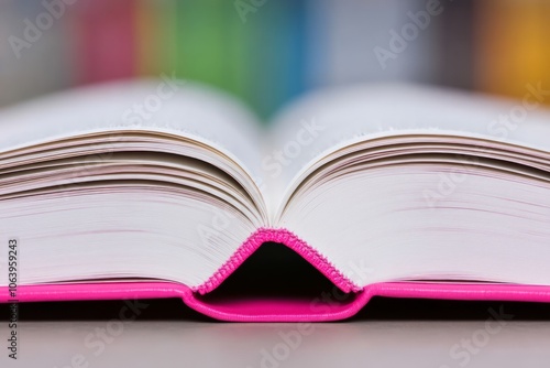 Close-up of an open book with a pink cover.