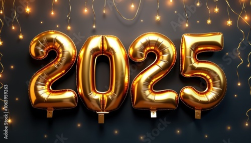Obraz na płótnie Golden balloons with Happy New Year 2025 symbol on dark background. Festive scene with gold stars, floating balloons, glittering shine, sparkly light. Whimsical, glamorous atmosphere. w salonie