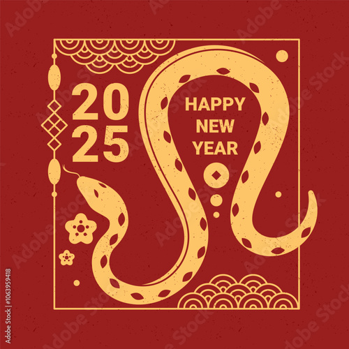 Happy New Year 2025 greeting card or banner in oriental style. Vector zodiac symbol of Chinese New Year. Square frame with snake silhouette and decorations. Golden winding snake sign on red background