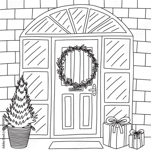 Christmas front door with wreath vector sketch