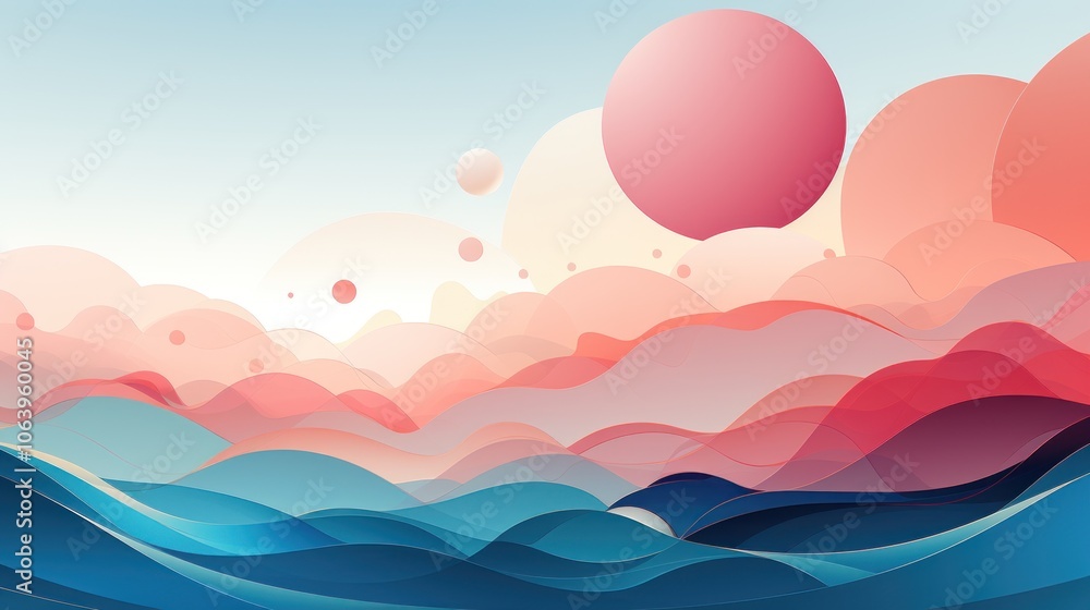Abstract landscape with flowing waves and soft, colorful clouds under a large sun. Abstract landscape with flowing waves and soft, colorful clouds under a large sun.