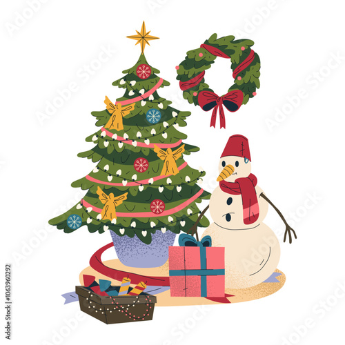 Traditional home decorations for winter holidays. Vector banner or backdrop. New Year cozy interior or studio photo zone. Xmas composition with Christmas tree, snowman, gift and firecrackers.