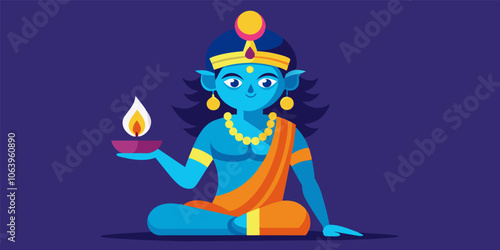 Illustration of a blue hindu deity holding a lit diya oil lamp celebrating the triumph of light over darkness during the diwali festival