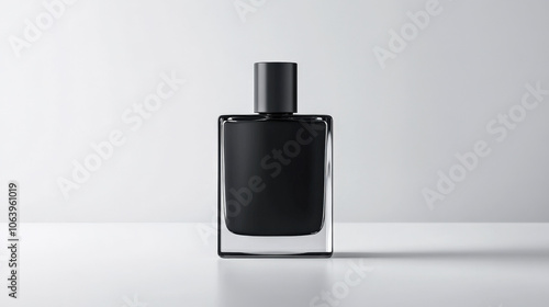 sleek black perfume bottle with minimalist design, set against light background, exuding elegance and sophistication