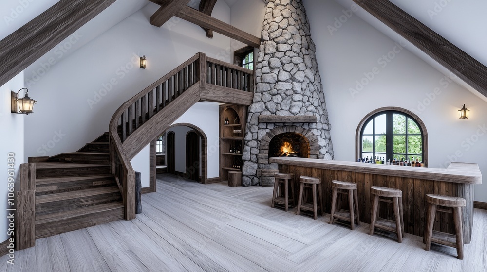 Obraz premium A 3D illustration of a medieval bedroom with an open fireplace.