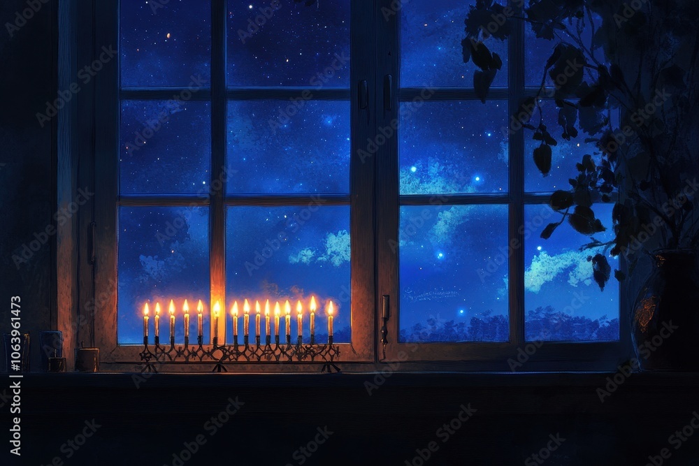 Hanukkah Night Sky with Menorah: An artistic image of a menorah placed on a windowsill, with all candles lit and a beautiful night sky visible through the window, symbolizing the light of Hanukkah in Hanukkah Night Sky with Menorah: An artistic image of a menorah placed on a windowsill, with all candles lit and a beautiful night sky visible through the window, symbolizing the light of Hanukkah in