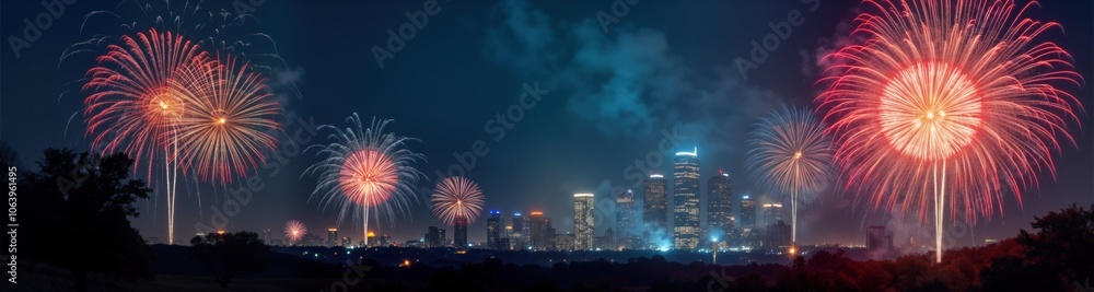 Fireworks explosion on dark blue night sky backdrop, vibrant colors, shapes, sizes. Diagonal line of fireworks across image, from top left to bottom right. Silhouettes of trees in distance add depth, Fireworks explosion on dark blue night sky backdrop, vibrant colors, shapes, sizes. Diagonal line of fireworks across image, from top left to bottom right. Silhouettes of trees in distance add depth,