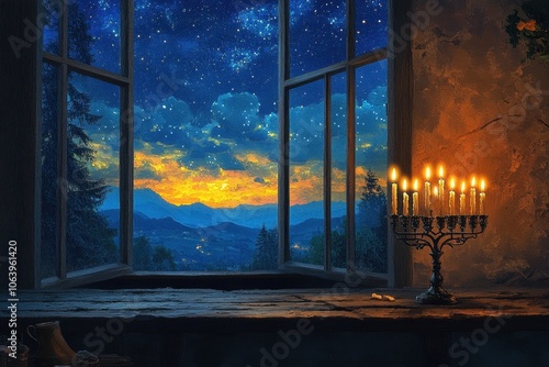 Hanukkah Night Sky with Menorah: An artistic image of a menorah placed on a windowsill, with all candles lit and a beautiful night sky visible through the window, symbolizing the light of Hanukkah in  photo