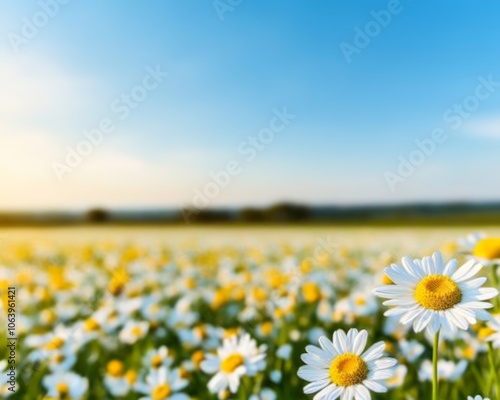 Close-up of white daisies in a field with a blue sky background.