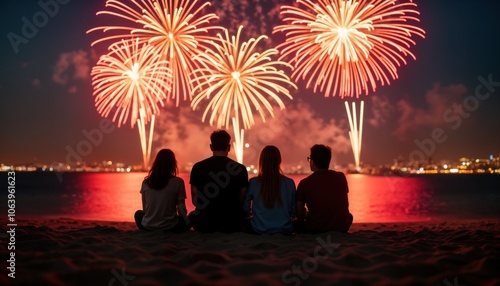 Beach scene at night with fireworks illuminating sky. Group of people, man, woman, children, boy, girl, family, seated on sandy beach. Watching New Year Fireworks celebration, happy, young, people