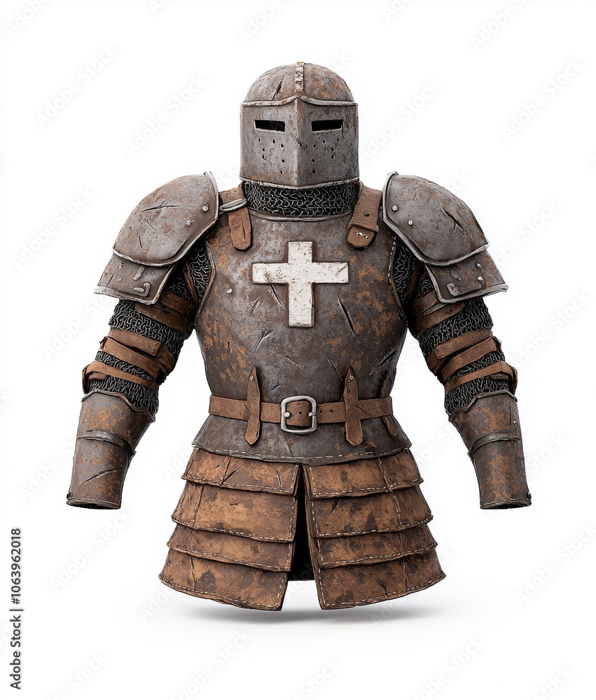 An ancient steel metal armor suit worn by medieval knights. It is isolated on a white background with a clipping path. An ancient steel metal armor suit worn by medieval knights. It is isolated on a white background with a clipping path.