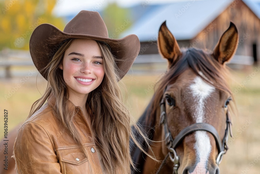 Obraz premium Cowgirl on Sunny Ranch Riding Her Horse