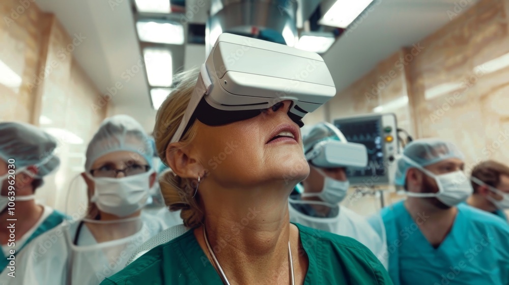 A surgeon engages in a simulated operation using virtual reality glasses in a modern healthcare facility A surgeon engages in a simulated operation using virtual reality glasses in a modern healthcare facility