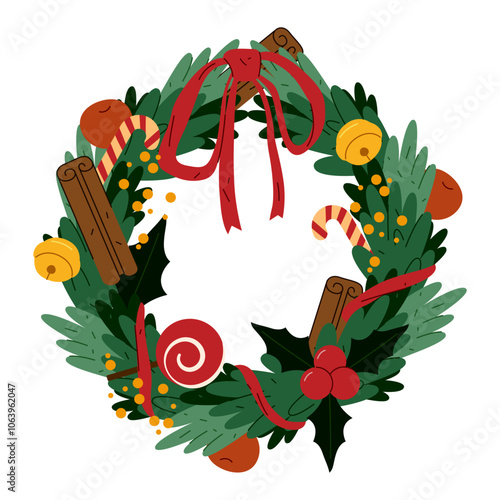 Handmade holiday fir tree wreath. Christmas frame or vector icon isolated on background. New Year sticker, festive element of home decor at winter. Woven evergreen plant twigs for the home decoration.