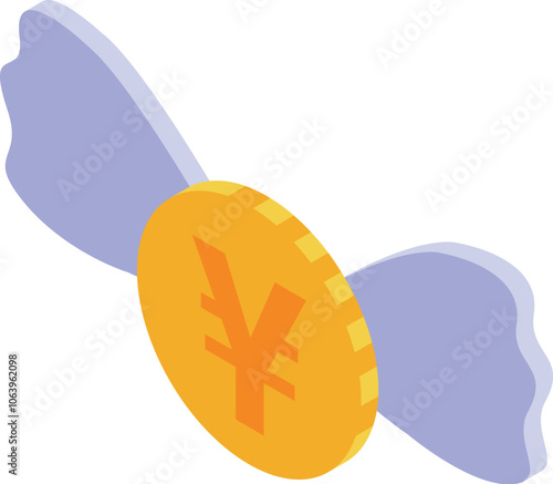 Gold yen coin flying with wings, symbolizing fast international money transfers, quick payments, and easy online transactions