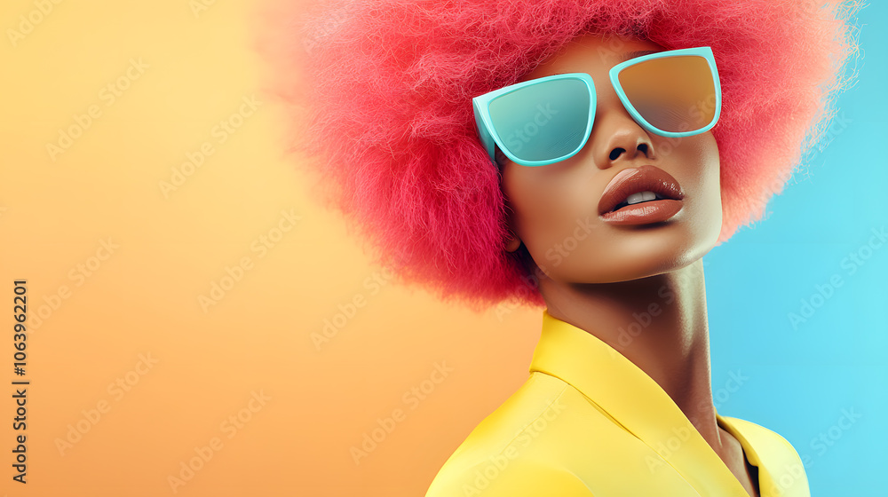 Beautiful African girl with neon bright color hair and glasses fashion shot Beautiful African girl with neon bright color hair and glasses fashion shot