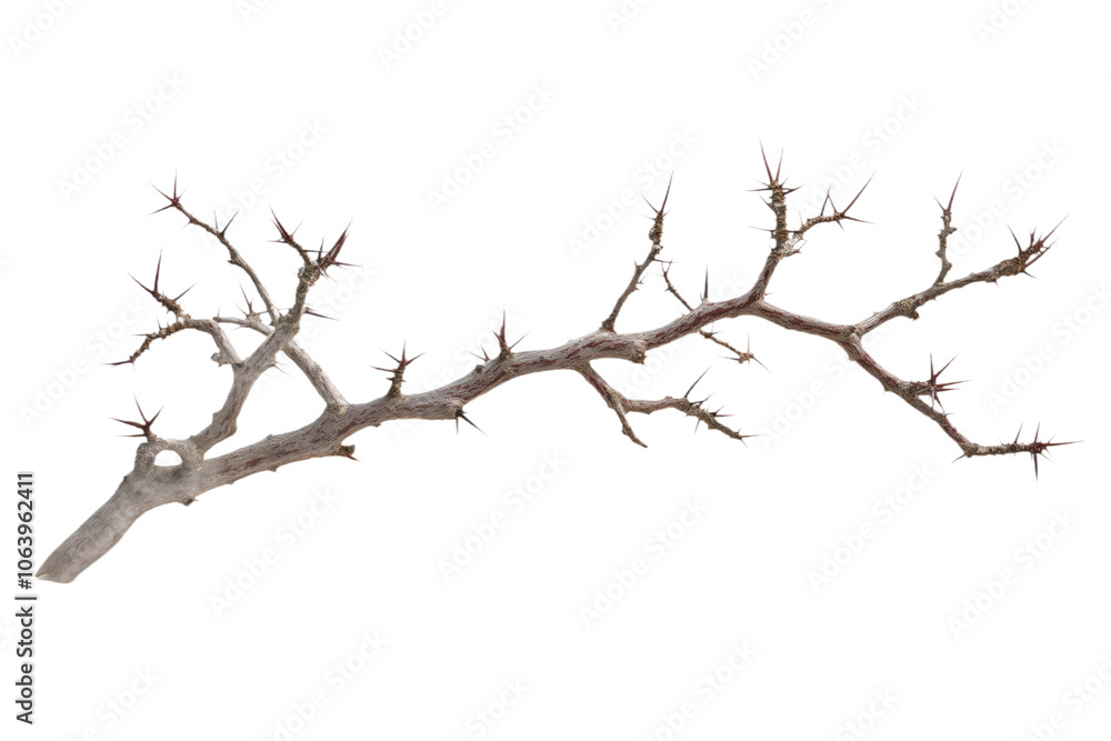 Brown tree branch with numerous small thorns isolated on isolated transparent background. Branch oriented right, tree trunk visible on left. Brown color stands out against alpha cut out backdrop. Png. Brown tree branch with numerous small thorns isolated on isolated transparent background. Branch oriented right, tree trunk visible on left. Brown color stands out against alpha cut out backdrop. Png.