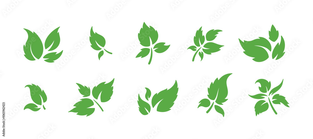 Vector Set of Green Leaf Silhouette. Leaves of Plant and Trees Logo icons. Ecology, Environment, Nature Symbols. Vector Set of Green Leaf Silhouette. Leaves of Plant and Trees Logo icons. Ecology, Environment, Nature Symbols.