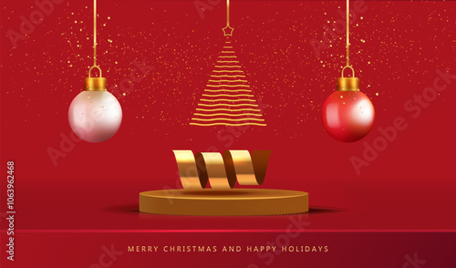 Merry Christmas background with golden ribbon on gold podium with gold tree and light balls. Holiday red card. Vector x-mas design.