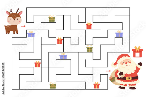 Maze game. Help the reindeer collect all the lost Christmas gifts. Count and write them down. Santa Claus's bag of gifts has torn. Labyrinth. Educational puzzle template. Vector illustration.