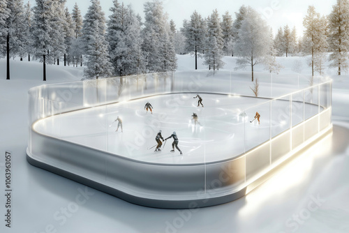 Futuristisches Eishockeyfeld aus Plexiglas mit dynamischen Spielern photo