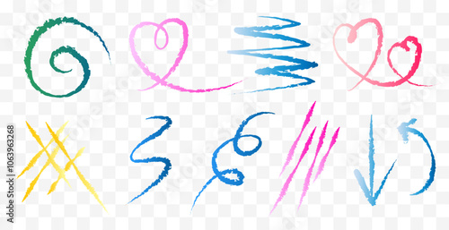 Various colorful doodles and scribbles displayed on a clean white background, showcasing creative designs and artistic expression