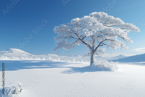 Lone tree covered in snow against a clear blue sky in winter