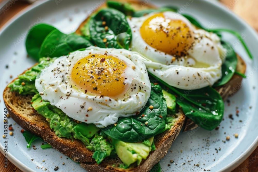 Avocado toast with poached eggs and spinach Avocado toast with poached eggs and spinach