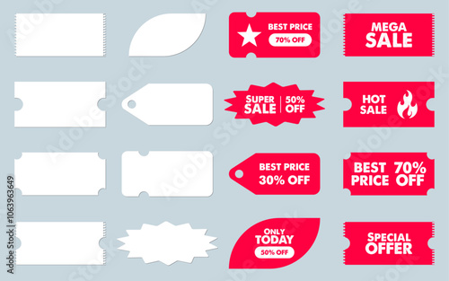 Coupon sale sticker offer discount coupon label badge tag voucher advertisement price promo ticket super sale vector flat illustration