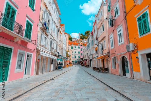 Colorful buildings line a cobblestone street in a European town.