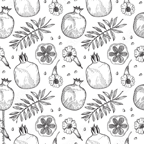 Vector seamless pattern with Pomegranates. Hand drawn repeating background with engraved fruits, branches, leaves of juicy Garnet plants. Food, ingredient, medical. For sign, label, textile, card