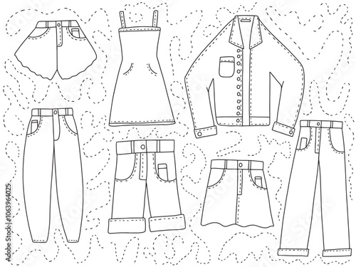Denim clothes vector doodle set. Hand drawn denim jean pants, skirts, dress and shirt