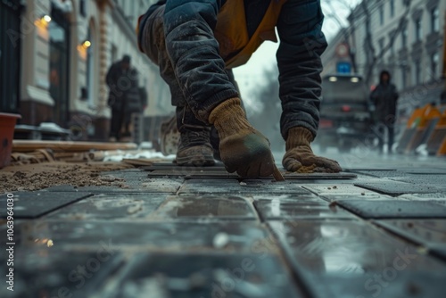 Craftsman precisely installing floor tiles at a construction site