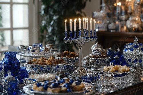 Hanukkah Party Setup: A festive scene of a living room set up for a Hanukkah party, with decorations in blue and white, a table filled with traditional foods, and a menorah ready to be lit photo