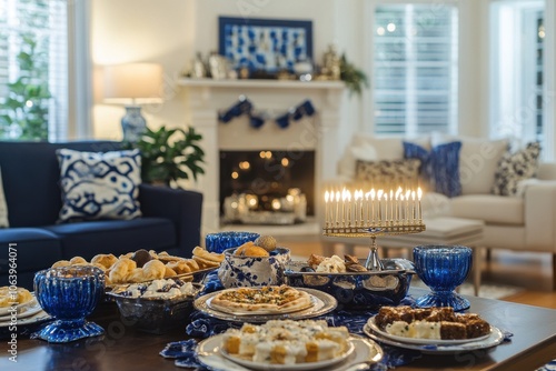 Hanukkah Party Setup: A festive scene of a living room set up for a Hanukkah party, with decorations in blue and white, a table filled with traditional foods, and a menorah ready to be lit photo