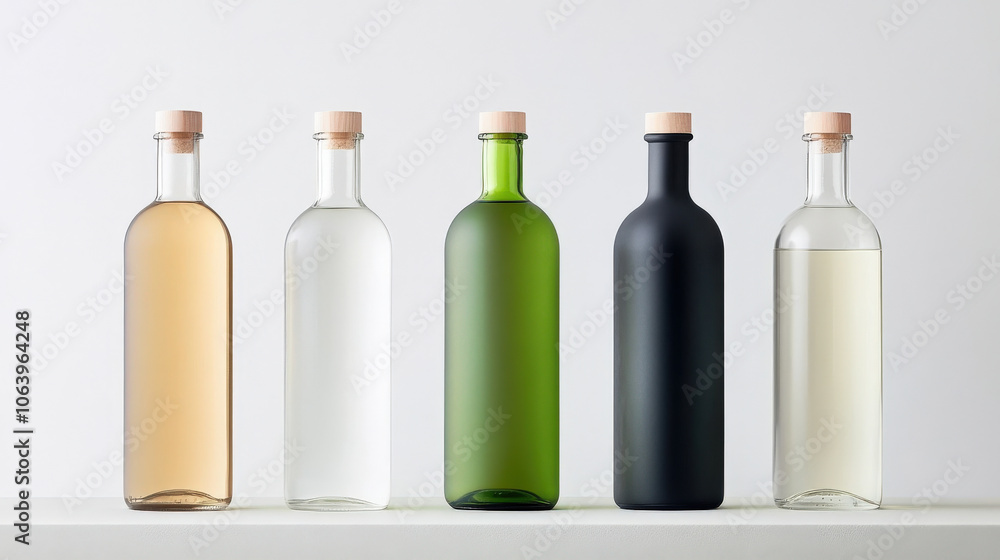 Modern glass bottles in various colors and shapes, showcasing clear and tinted designs. Ideal for food packaging or beverage display, these bottles add elegance to any setting Modern glass bottles in various colors and shapes, showcasing clear and tinted designs. Ideal for food packaging or beverage display, these bottles add elegance to any setting