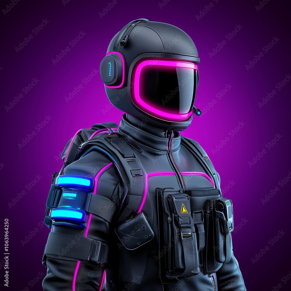 A sci-fi robotic exoskeleton armor with a human operator inside and a robot with a neon glow on its face. A sci-fi robotic exoskeleton armor with a human operator inside and a robot with a neon glow on its face.