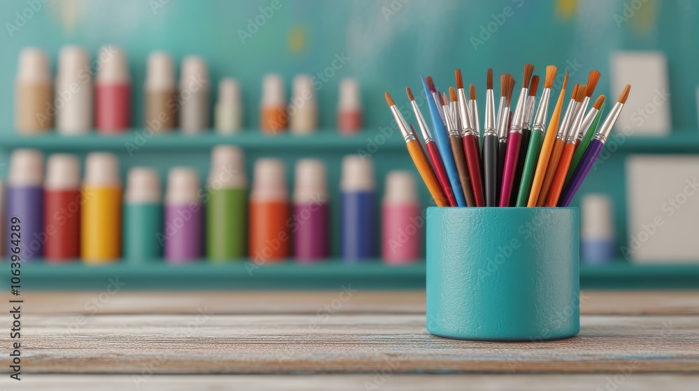 Vibrant Art Supplies on Wooden Table Vibrant Art Supplies on Wooden Table