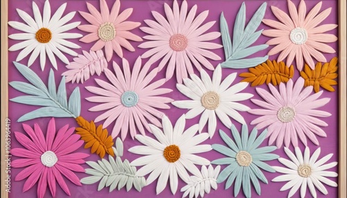 Colorful paper flowers and leaves arranged on a purple background in a wooden frame.