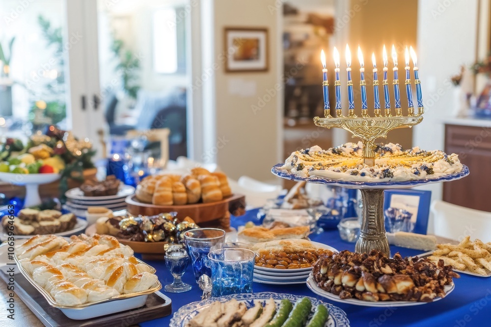 Hanukkah Party Setup: A festive scene of a living room set up for a Hanukkah party, with decorations in blue and white, a table filled with traditional foods, and a menorah ready to be lit Hanukkah Party Setup: A festive scene of a living room set up for a Hanukkah party, with decorations in blue and white, a table filled with traditional foods, and a menorah ready to be lit
