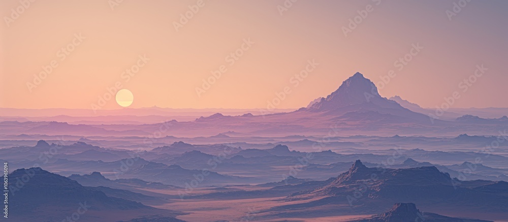 Naklejka premium Serene landscape at dusk with a mountain silhouette and a setting sun.