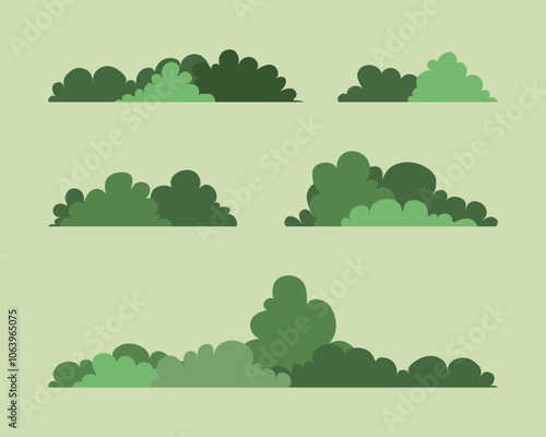 Simple set of green bushes in a flat style, different leaf shapes, minimalist design.