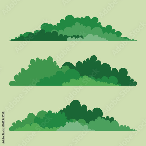 A set of simple flat green bushes, minimalist design, different shapes of leaves, icons for the landscape.