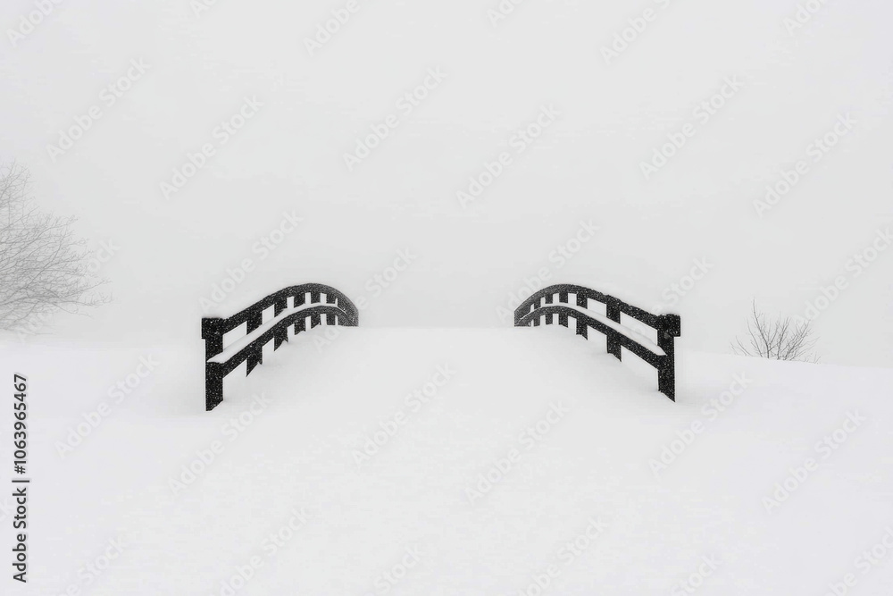 A bridge covered in snow with two wooden posts on either side A bridge covered in snow with two wooden posts on either side