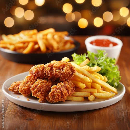 Crispy chicken tenders, french fries, and ketchup on a white plate.