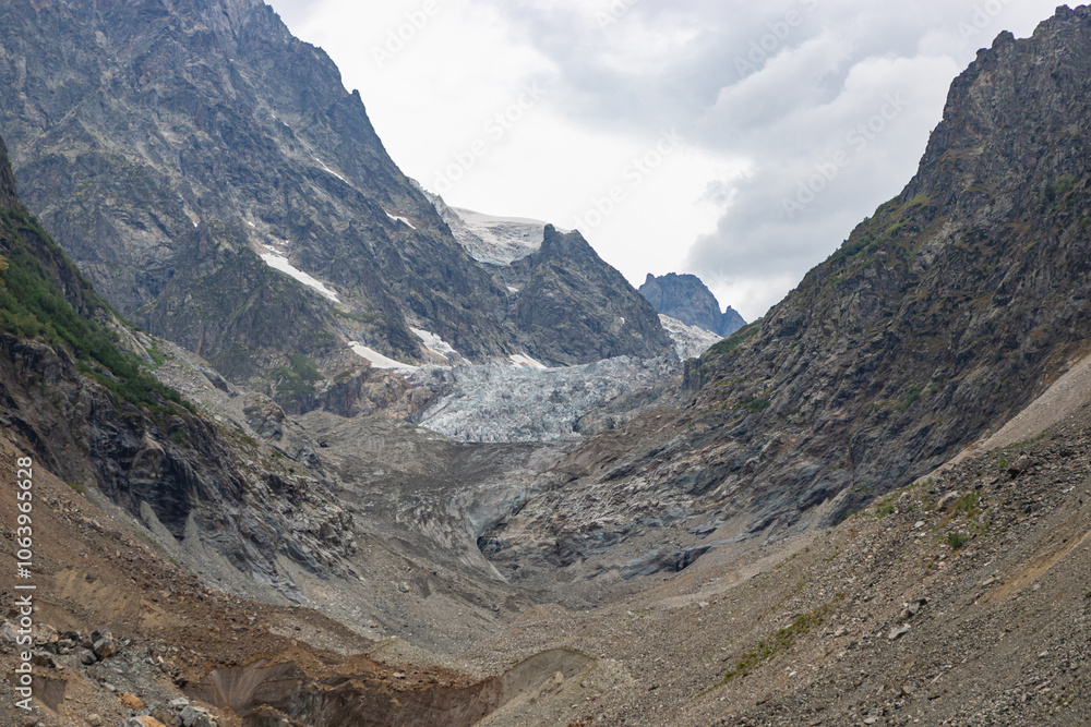 Chalaadi Glacier, Mestia, Svaneti, Georgia, beautiful glacier in the Caucasus mountains on a cloudy day