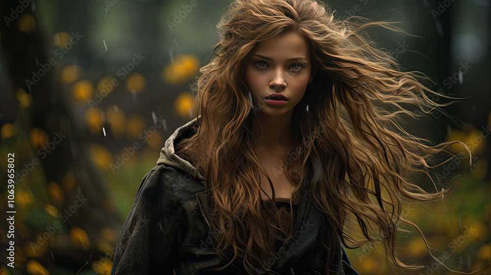 Portrait of a young woman with long hair in a dark forest Portrait of a young woman with long hair in a dark forest