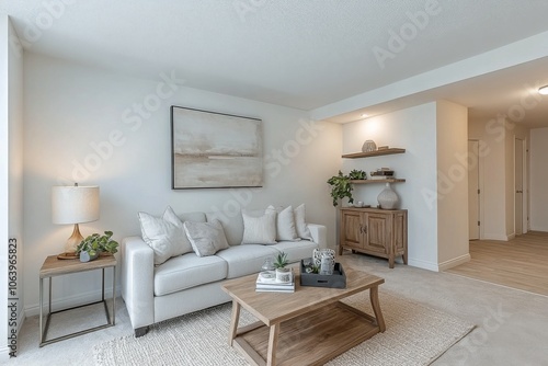 Cozy living room with modern decor featuring a cream sofa, wooden accents, and indoor plants