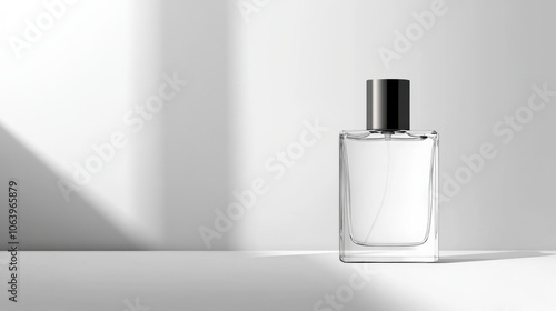 slim, matte perfume bottle elegantly placed on minimalist surface, showcasing its sleek design and reflecting light beautifully